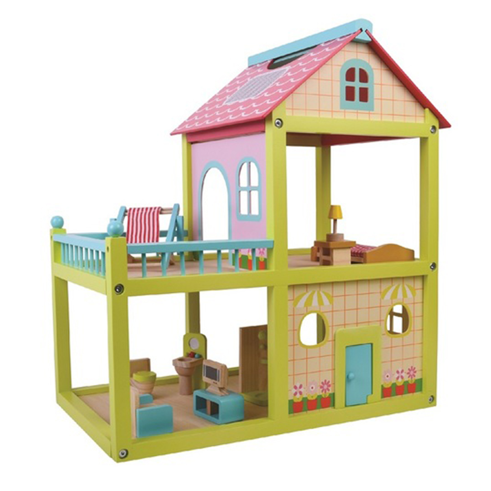 בית בובות צבעוני עשוי עץ כולל ריהוט מבית Pit Toys